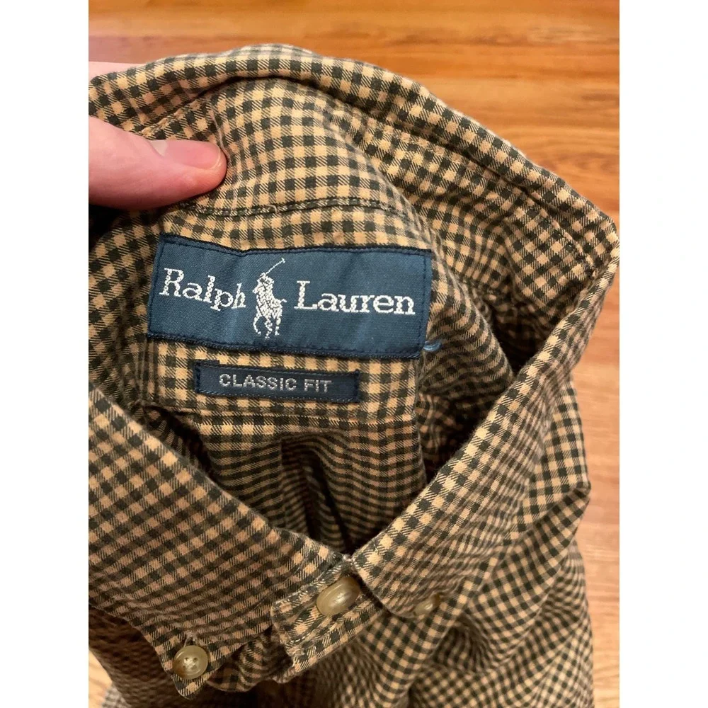 Ralph Lauren Mens Button Down Shirt XL 24 PTP Green Tan Gingham Classic Fit Logo - Picture 4 of 9
